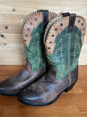Smoky Mountain Western Rodeo Cowboy Boots Green Brown Ropin’ Riding leather